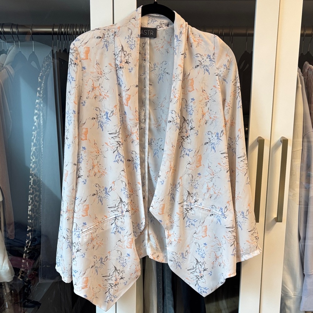 ASTR Floral Draped Open Front Blazer Peach & Light Blue Accents